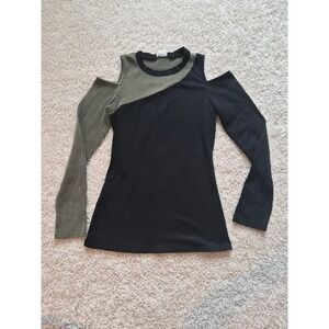 Blue Buttercup Cold Shoulder Ribbed Top Black Olive Green Color Block Small